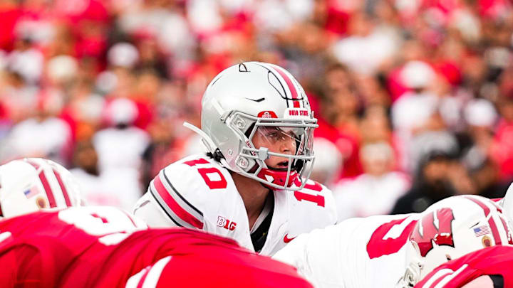 Ohio State Buckeyes quarterback Julian Sayin (10) calls a play during the game against the Wisconsin Badgers at Camp Randall Stadium on Saturday, Oct. 18, 2025 in Madison, Wisconsin.