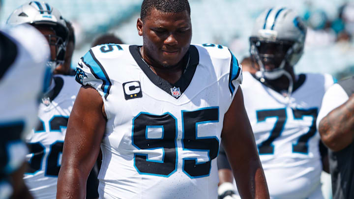 Sep 7, 2025; Jacksonville, Florida, USA; Carolina Panthers defensive end Derrick Brown (95) against the Jacksonville Jaguars at EverBank Stadium. 