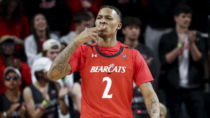 Mar 5, 2023; Cincinnati, Ohio, USA;  Cincinnati Bearcats guard Landers Nolley II (2) gestures after making a three-point basket against the Southern Methodist Mustangs in the first half at Fifth Third Arena. Mandatory Credit: Aaron Doster-USA TODAY Sports