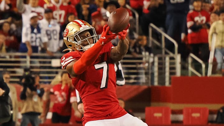 Oct 27, 2024; Santa Clara, California, USA; San Francisco 49ers cornerback Charvarius Ward (7) attempts to gather the ball on a Dallas Cowboys incomplete pass during the fourth quarter at Levi's Stadium. Mandatory Credit: Kelley L Cox-Imagn Images