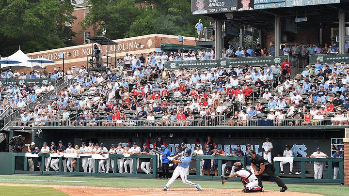 North Carolina'as Sam Angelo (23) bats in front of a sold-out Boshamer Stadium for the Super Regional with Arizona. The North Carolina Tarheels and the Arizona Wildcats met in game two of the NCAA Division 1 Super Regionals in Chapel Hill, N.C. on June 7, 2025.