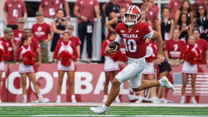 Indiana's Josh Hoover (10) runs during the Indiana versus Howard football game at Memorial Stadium on Saturday, Sept. 12, 2026.