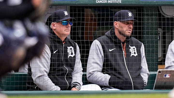 Detroit Tigers manager A.J. Hinch (14), left, and pitching coach Chris Fetter (41) watch a play against New York Yankees during the second inning at Comerica Park in Detroit on Wednesday, April 9, 2025.
