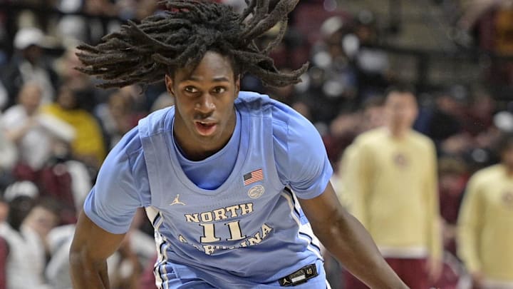 Feb 24, 2025; Tallahassee, Florida, USA; North Carolina Tarheels forward Ian Jackson (11) drives to the net during the second half against the Florida State Seminoles at Donald L. Tucker Center. 