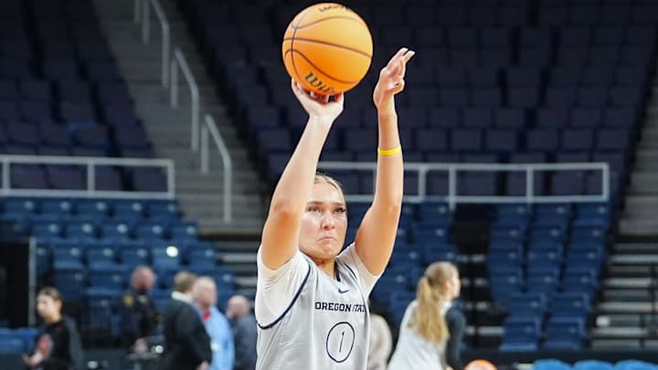 Mar 28, 2024; Albany, NY, USA; Oregon State Beavers guard Kennedie Shuler (1) shoots the ball during practice prior to their NCAA Tournament Sweet 16 game at MVP Arena. Mandatory Credit: Gregory Fisher-Imagn Images