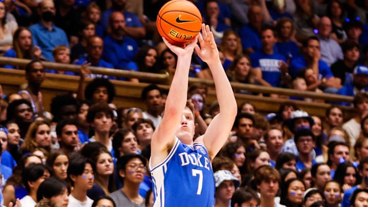 Oct 4, 2024; Durham, NC, USA; Duke Blue Devils guard Kon Knueppel (7) shoots the ball during Countdown to Craziness at Cameron Indoor Stadium. Mandatory Credit: Jaylynn Nash-Imagn Images