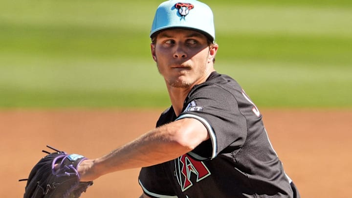 Arizona Diamondbacks pitcher Drey Jameson throws to the Milwaukee Brewers in the third inning of a spring training game on Feb. 26, 2025, in Scottsdale at Salt River Fields at Talking Stick. Arizona Diamondbacks pitcher Drey Jameson throws to the Milwaukee Brewers in the third inning of a spring training game on Feb. 26, 2025, in Scottsdale at Salt River Fields at Talking Stick.