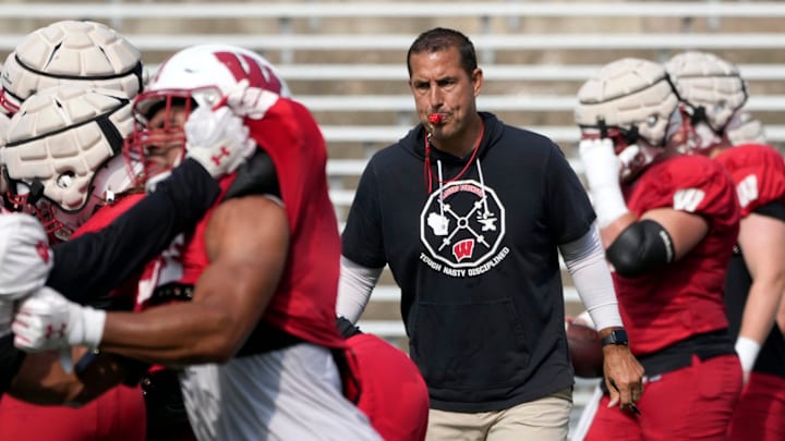 Wisconsin Badgers head coach Luke Fickell watches a drill during fall training camp at Camp Randall Stadium in Madison