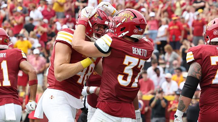 Sep 5, 2026; Ames, Iowa, USA; Iowa State Cyclones tight end Vince Benetti (37) celebrates with Iowa State Cyclones tight end Jack Bjorn (48) after the touchdown against the Southeast Missouri State Redhawks at Jack Trice Stadium. Mandatory Credit: Reese Strickland-Imagn Images Sep 5, 2026; Ames, Iowa, USA; Iowa State Cyclones tight end Vince Benetti (37) celebrates with Iowa State Cyclones tight end Jack Bjorn (48) after the touchdown against the Southeast Missouri State Redhawks at Jack Trice Stadium. Mandatory Credit: Reese Strickland-Imagn Images