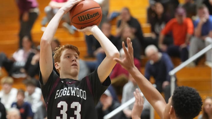 Hackensack, NJ -- February 8, 2025 -- Andrew Barry of Ridgewood as Paramus Catholic and Ridgewood in the quarterfinals of the 68th Bergen County Jamboree boys basketball tournament held at Hackensack High School.