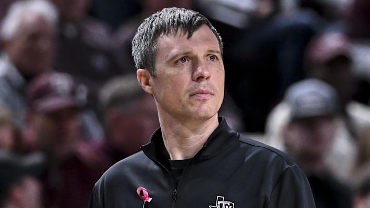 Jan 24, 2026; College Station, Texas, USA; Texas A&M Aggies head coach Bucky McMillan looks on during the first half against the South Carolina Gamecocks at Reed Arena. Mandatory Credit: Maria Lysaker-Imagn Images 