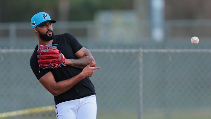 Feb 13, 2025; Jupiter, FL, USA; Miami Marlins starting pitcher Sandy Alcantara (22) practices during spring training at the Miami Marlins player development & scouting complex.