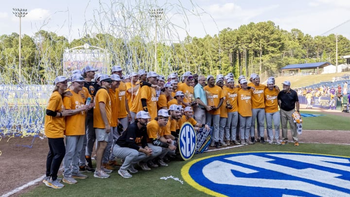 May 26, 2024; Hoover, AL, USA; The Tennessee Volunteers celebrate a championship game win over LSU at the SEC Baseball Tournament at Hoover Metropolitan Stadium. Mandatory Credit: Vasha Hunt-USA TODAY Sports May 26, 2024; Hoover, AL, USA; The Tennessee Volunteers celebrate a championship game win over LSU at the SEC Baseball Tournament at Hoover Metropolitan Stadium. Mandatory Credit: Vasha Hunt-USA TODAY Sports