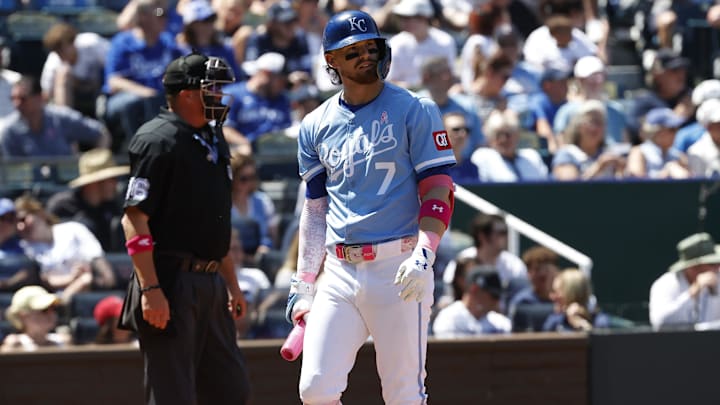 May 11, 2025; Kansas City, Missouri, USA; Kansas City Royals shortstop Bobby Witt Jr. (7) strikes out at Kauffman Stadium. Mandatory Credit: Gary Rohman-Imagn Images May 11, 2025; Kansas City, Missouri, USA; Kansas City Royals shortstop Bobby Witt Jr. (7) strikes out at Kauffman Stadium. Mandatory Credit: Gary Rohman-Imagn Images