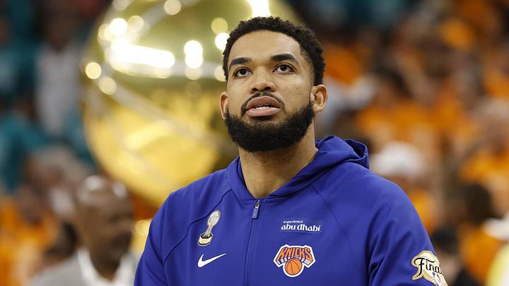 Jun 3, 2026; San Antonio, Texas, USA; New York Knicks center Karl-Anthony Towns (32) practices before game one of the 2026 NBA Finals at Frost Bank Center. Mandatory Credit: Geoff Burke-Imagn Images