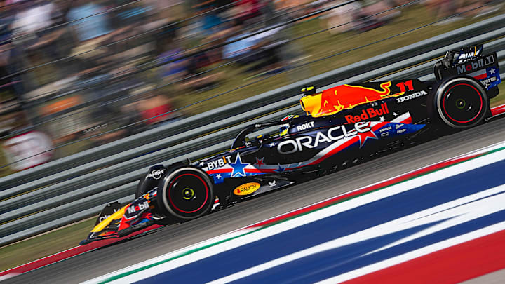 Oracle Red Bull Racing driver Sergio Perez rounds turn 17 during the first F1 practice at Circuit of
