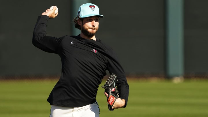 Arizona Diamondbacks pitcher Zac Gallen throws during spring training workouts at Salt River Fields