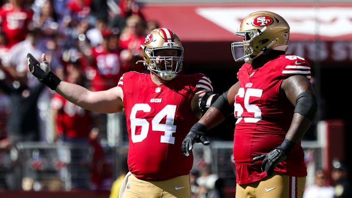 Sep 29, 2024; Santa Clara, California, USA; San Francisco 49ers center Jake Brendel (64) reacts to a penalty call during the second quarter against the New England Patriots at Levi's Stadium. Mandatory Credit: Sergio Estrada-Imagn Images Sep 29, 2024; Santa Clara, California, USA; San Francisco 49ers center Jake Brendel (64) reacts to a penalty call during the second quarter against the New England Patriots at Levi's Stadium. Mandatory Credit: Sergio Estrada-Imagn Images