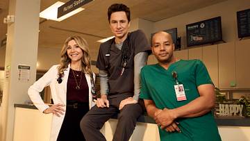 SCRUBS - ABC's “Scrubs” stars Sarah Chalke as Elliot Reid, Zach Braff as John "J.D." Dorian, and Donald Faison as Christopher Turk. 