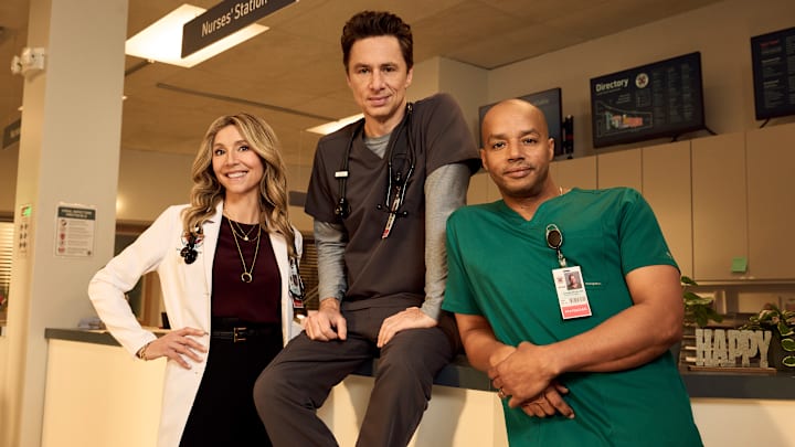 SCRUBS - ABC's “Scrubs” stars Sarah Chalke as Elliot Reid, Zach Braff as John "J.D." Dorian, and Donald Faison as Christopher Turk. 