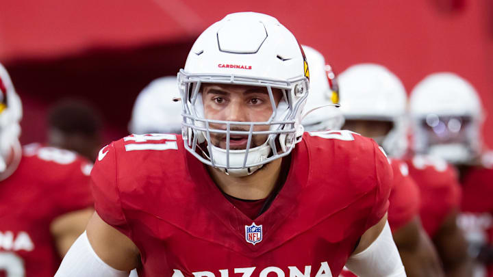 Aug 10, 2024; Glendale, Arizona, USA; Arizona Cardinals linebacker Markus Bailey (41) against the New Orleans Saints during a preseason NFL game at State Farm Stadium. Mandatory Credit: Mark J. Rebilas-Imagn Images
Aug 10, 2024; Glendale, Arizona, USA; Arizona Cardinals linebacker Markus Bailey (41) against the New Orleans Saints during a preseason NFL game at State Farm Stadium. Mandatory Credit: Mark J. Rebilas-Imagn Images