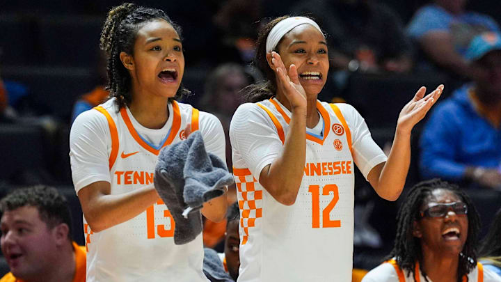 Tennessee guard Mia Pauldo (13) and Tennessee guard Mya Pauldo (12) celebrates on the sidelines during a NCAA exhibition game between the Tennessee Lady Vols and Columbus State Cougars at Thompson-Boling Arena at Food City Center in Knoxville, Tennessee on Oct. 29, 2025.