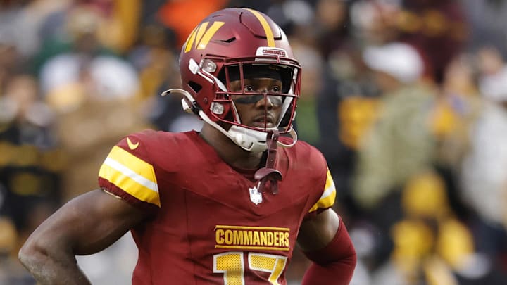 Nov 10, 2024; Landover, Maryland, USA; Washington Commanders wide receiver Terry McLaurin (17) looks on from the field during final minute of the game against the Pittsburgh Steelers at Northwest Stadium. Mandatory Credit: Amber Searls-Imagn Images