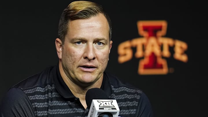 Oct 23, 2024; Kansas City, MO, USA; Iowa State Cyclones head coach T. J. Otzelberger talks to media during the Big 12 Men’s Basketball Media Day at T-Mobile Center.
