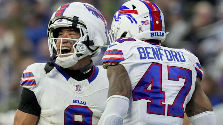 Nov 10, 2024; Indianapolis, Indiana, USA; Buffalo Bills safety Taylor Rapp (9) celebrates after making an interception Sunday, Nov. 10, 2024, during a game against the Indianapolis Colts at Lucas Oil Stadium Nov 10, 2024; Indianapolis, Indiana, USA; Buffalo Bills safety Taylor Rapp (9) celebrates after making an interception Sunday, Nov. 10, 2024, during a game against the Indianapolis Colts at Lucas Oil Stadium