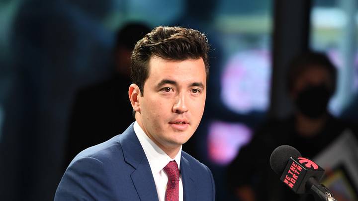 Sep 27, 2021; Toronto, Ontario, Canada;  Toronto Raptors general manager Bobby Webster speaks to the media  during Media Day at Scotiabank Arena. Mandatory Credit: Dan Hamilton-Imagn Images