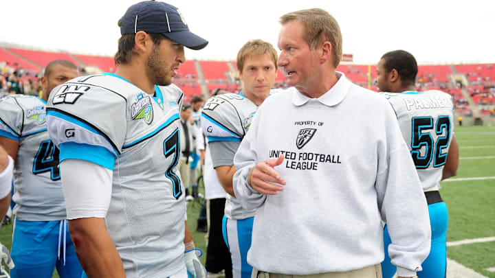 J.P. Losman is shown with Las Vegas Locomotives coach Jim Fassel during the game the 2009 UFL championship game.