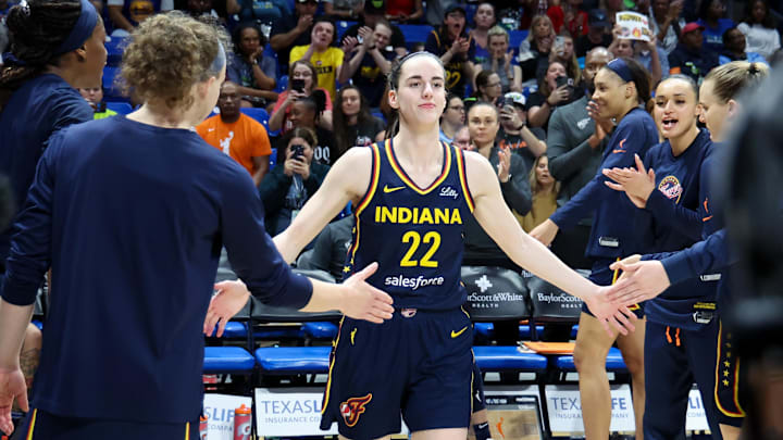 May 3, 2024; Dallas, Texas, USA; Indiana Fever guard Caitlin Clark (22) during pregame introduction before the game against the Dallas Wings at College Park Center.  Mandatory Credit: Kevin Jairaj-Imagn Images