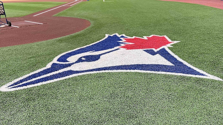 Aug 14, 2022; Toronto, Ontario, CAN; The Toronto Blue Jays logo during batting practice against the Cleveland Guardians at Rogers Centre. Mandatory Credit: Nick Turchiaro-USA TODAY Sports