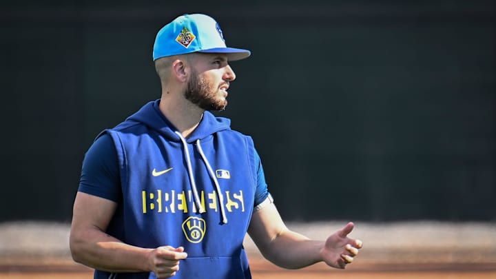 Milwaukee Brewers pitcher Peter Strzelecki stretches during spring training workouts Sunday, February 15, 2026, at American Family Fields of Phoenix in Phoenix, Arizona. Milwaukee Brewers pitcher Peter Strzelecki stretches during spring training workouts Sunday, February 15, 2026, at American Family Fields of Phoenix in Phoenix, Arizona.