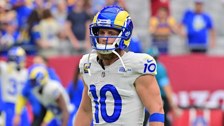 Sep 15, 2024; Glendale, Arizona, USA;  Los Angeles Rams wide receiver Cooper Kupp (10) prior to a game against the Arizona Cardinals at State Farm Stadium. Mandatory Credit: Matt Kartozian-Imagn Images
