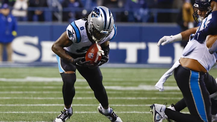 Dec 11, 2022; Seattle, Washington, USA; Carolina Panthers cornerback Jaycee Horn (8) recovers an onside kick against the Seattle Seahawks during the fourth quarter at Lumen Field. Mandatory Credit: Joe Nicholson-Imagn Images Dec 11, 2022; Seattle, Washington, USA; Carolina Panthers cornerback Jaycee Horn (8) recovers an onside kick against the Seattle Seahawks during the fourth quarter at Lumen Field. Mandatory Credit: Joe Nicholson-Imagn Images