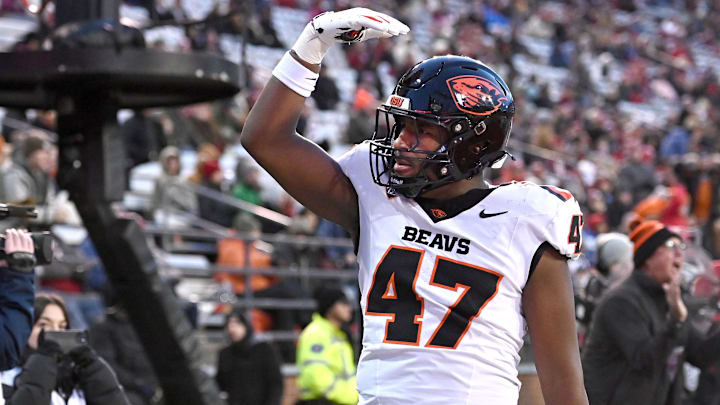 Nov 29, 2025; Pullman, Washington, USA; Oregon State Beavers linebacker Tyree Blake (47) celebrates after a play against the Washington State Cougars in the first half at Gesa Field at Martin Stadium. Mandatory Credit: James Snook-Imagn Images