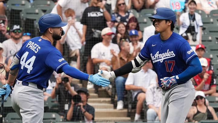 Jun 13, 2026; Chicago, Illinois, USA; Los Angeles Dodgers two-way player Shohei Ohtani (17) is greeted by center fielder Andy Pages (44) after hitting a home run against the Chicago White Sox during the first inning at Rate Field. Mandatory Credit: David Banks-Imagn Images Jun 13, 2026; Chicago, Illinois, USA; Los Angeles Dodgers two-way player Shohei Ohtani (17) is greeted by center fielder Andy Pages (44) after hitting a home run against the Chicago White Sox during the first inning at Rate Field. Mandatory Credit: David Banks-Imagn Images