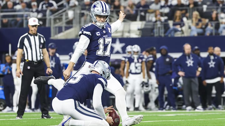 Dallas Cowboys place kicker Brandon Aubrey kicks a field goal against the Los Angeles Chargers.