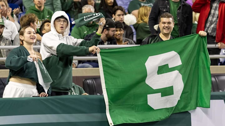Nov 24, 2023; Detroit, Michigan, USA; Michigan State Spartans fans supporting their team during the second game against the Penn State Nittany Lions at Ford Field. Mandatory Credit: David Reginek-Imagn Images