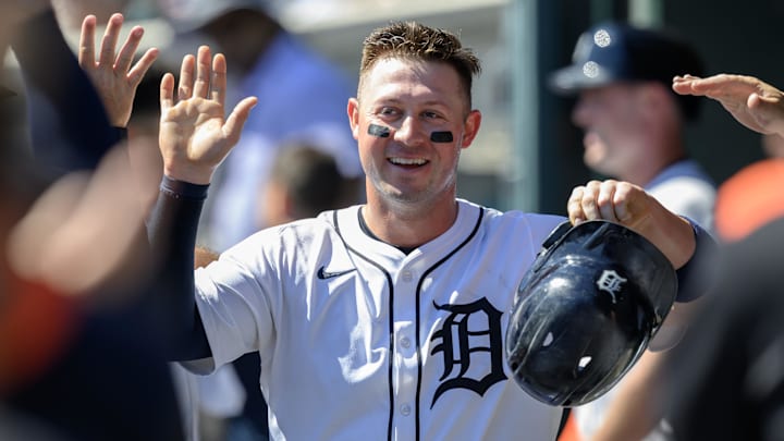 Detroit Tigers first baseman Spencer Torkelson (20) celebrates in the dugout.