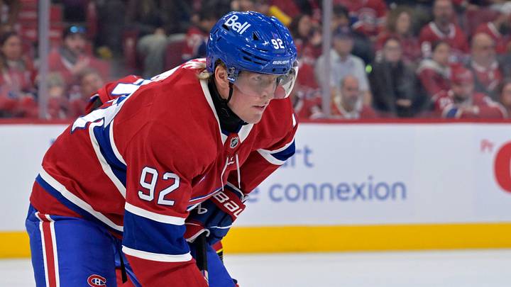 Oct 14, 2025; Montreal, Quebec, CAN; Montreal Canadiens forward Patrik Laine (92) prepares for a face off against the Seattle Kraken during the first period at the Bell Centre. Mandatory Credit: Eric Bolte-Imagn Images
