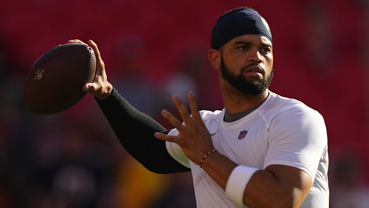 Aug 22, 2025; Kansas City, Missouri, USA; Chicago Bears quarterback Caleb Williams (18) warms up prior to a game against the Kansas City Chiefs at GEHA Field at Arrowhead Stadium. Mandatory Credit: Jay Biggerstaff-Imagn Images