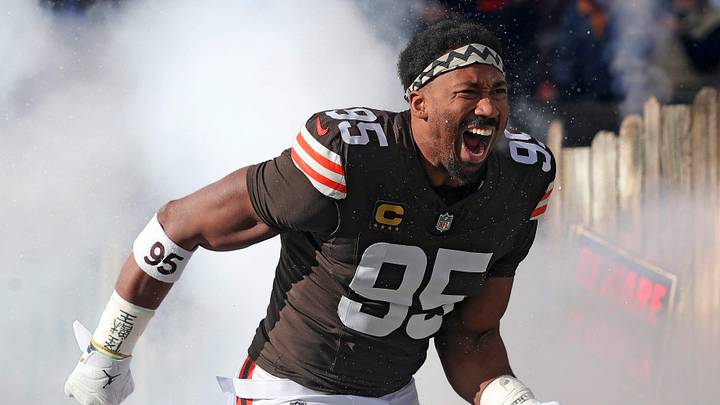 Cleveland Browns defensive end Myles Garrett (95) takes the field before an NFL football game at Huntington Bank Field, Dec. 21, 2025, in Cleveland, Ohio.