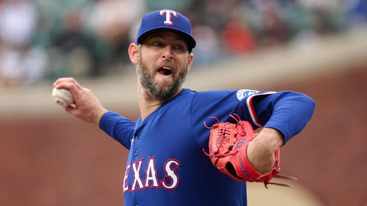 Apr 27, 2025; San Francisco, California, USA; Texas Rangers pitcher Chris Martin (55) throws a pitch against the San Francisco Giants during the eighth inning at Oracle Park. 