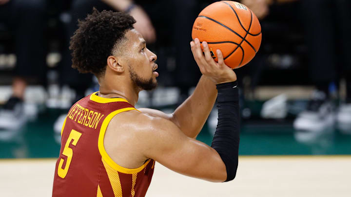 Jan 7, 2026; Waco, Texas, USA;  Iowa State Cyclones forward Joshua Jefferson (5) shoots a free throw during the second half against the Baylor Bears at Paul and Alejandra Foster Pavilion.