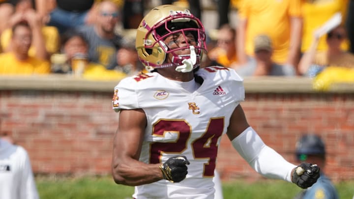Sep 14, 2024; Columbia, Missouri, USA; Boston College Eagles cornerback Amari Jackson (24) reacts after nearly intercepting a pass from Missouri Tigers quarterback Brady Cook (12) (not pictured) during the first half at Faurot Field at Memorial Stadium. Mandatory Credit: Denny Medley-Imagn Images