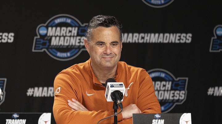 March 25, 2026; San Jose, CA, USA; Texas Longhorns head coach Sean Miller addresses the media in a press conference during a practice session ahead of the west regional of the men's 2026 NCAA Tournament at SAP Center. Mandatory Credit: Kyle Terada-Imagn Images