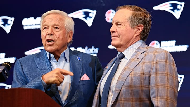 Jan 11, 2024; Foxborough, MA, USA; New England Patriots owner Robert Kraft (left) and Patriots former head coach Bill Belichick (right) and hold a press conference at Gillette Stadium to announce Belichick's exit from the team. Mandatory Credit: Eric Canha-Imagn Images