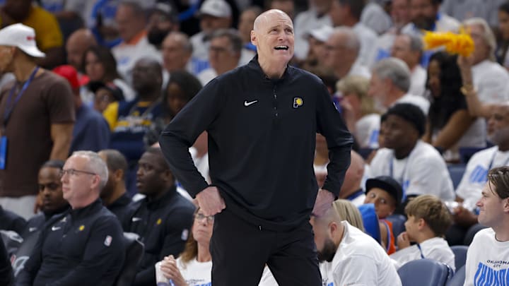 Jun 5, 2025; Oklahoma City, Oklahoma, USA; Indiana Pacers head coach Rick Carlisle reacts to a call during the third quarter against the Oklahoma City Thunder during game one of the 2025 NBA Finals at Paycom Center. Mandatory Credit: Alonzo Adams-Imagn Images